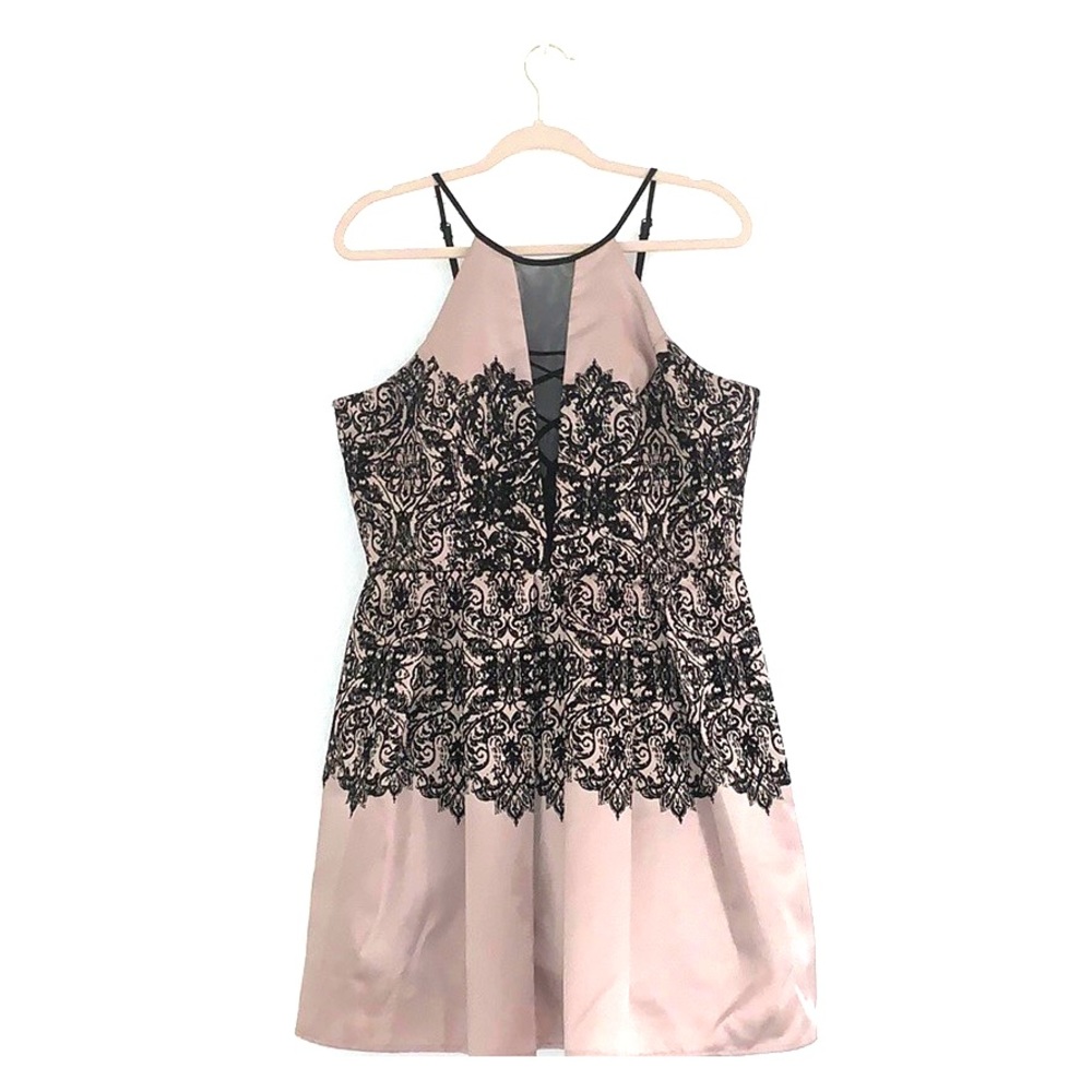 Pink and Black High-Neck A-Line Prom Formal Dress